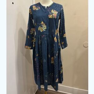 Soler Blue Cotton Floral Midi Shirt Dress‎ Long Sleeve Button Front S/M Cottage